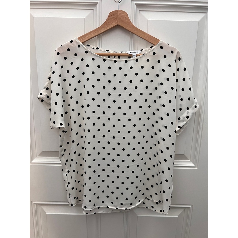 Express Women White Black Polka Dot Short Sleeve Blouse Keyhole Back Top Small